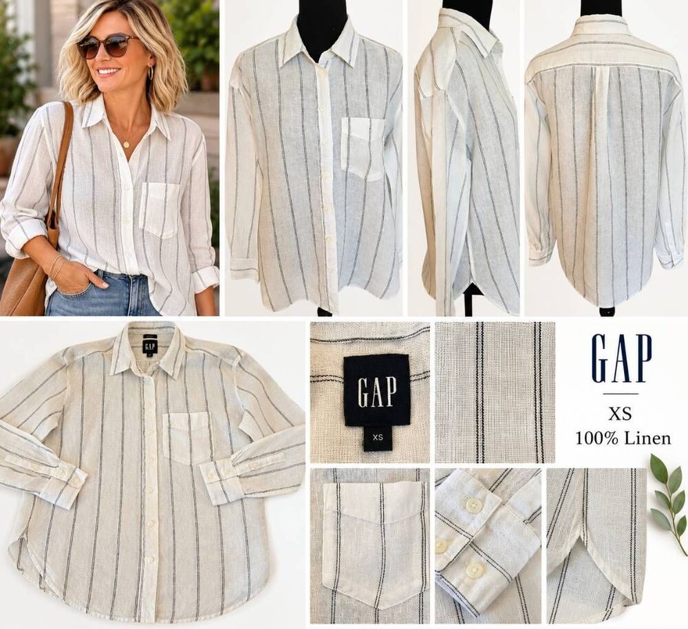 GAP Womens 100% Linen Striped Button Down Long Sleeve Shirt XS